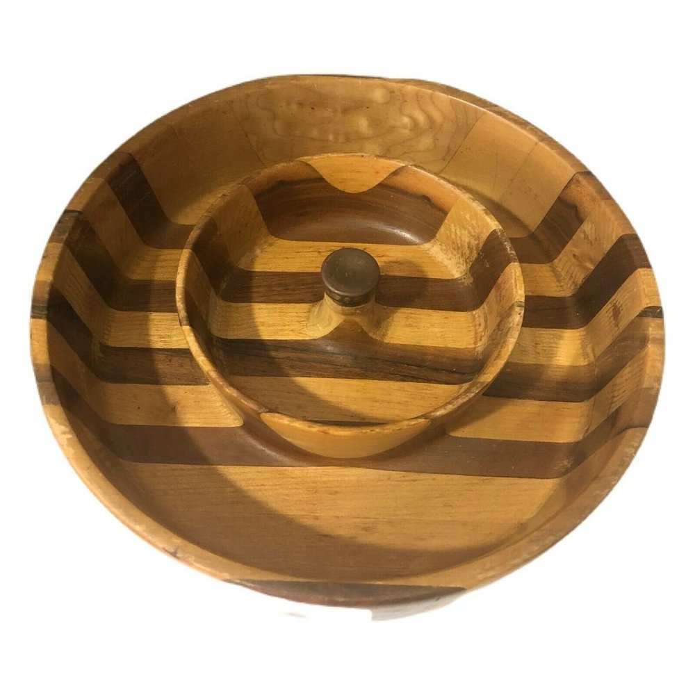 Vintage Wooden Double Bowl Chip and Dip Snack Bowl